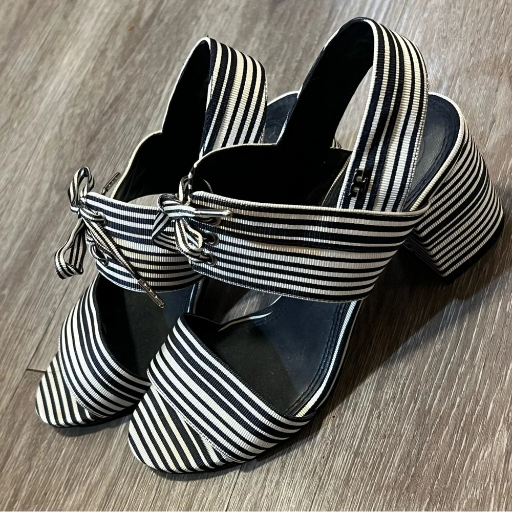 Tory Burch Black (Navy Blue) and White Striped Slingback Sandals with Tie Detail